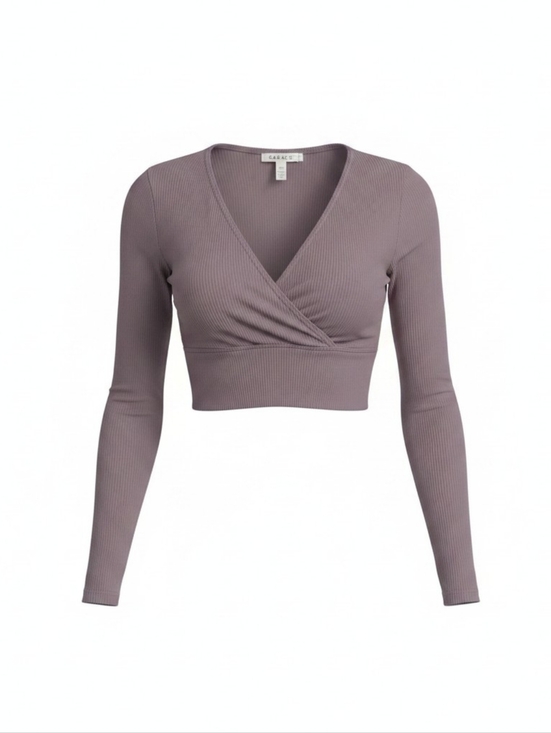 Garage Tops - Garage Ribbed Long-Sleeve V-Neck Crop Top in Dusty Mauve, Sz S